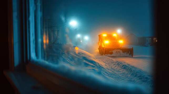 A snowplow with bright lights clearing a snow covered road at night, viewed through a frosty window. The scene captures winter road maintenance in a residential area.