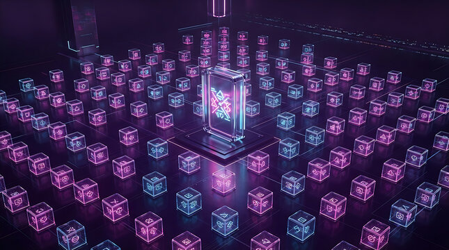 Abstract digital background featuring a central glowing rectangular portal surrounded by a grid of illuminated neon cubes in dark space