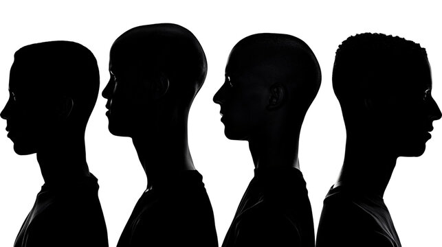 Four human head silhouettes in profile view arranged in a row