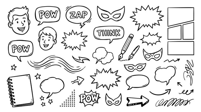 Hand drawn doodle vector collection of comic drawing featuring comic character, speech bubble, action burst, comic panel, superhero mask, pencil, ink pen and motion lines isolated on white background