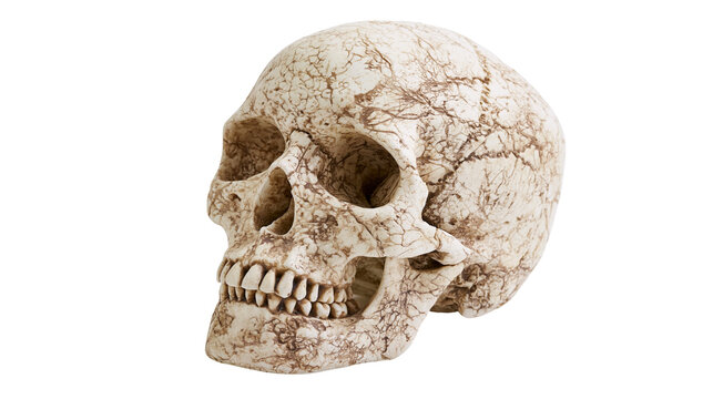 Cracked marble texture human skull replica with detailed bone structure