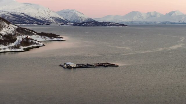 Vivid polar night sky over snowy mountains surrounding Norway cod farm. Aerial