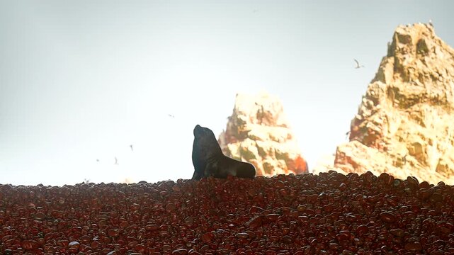 Handheld close-up, sea lion resting on the rocky shore of the Islas Ballestas near Paracas, Peru, with birds flying around dramatic coastal rock formations