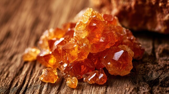 Small amber crystal druzy shines with warm colors on a textured mineral surface. The scene offers a clear view with space for text.