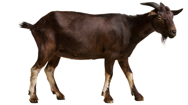 Dark brown goat with horns and light colored legs standing in profile