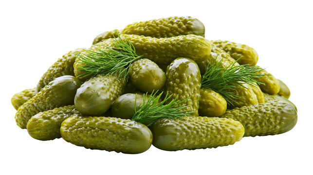 Heap of crunchy pickled gherkins with fresh green dill sprigs