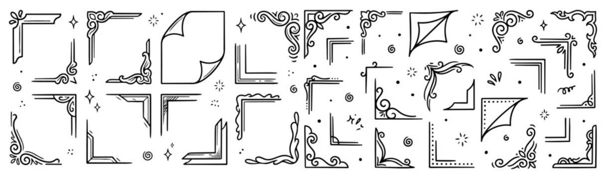Hand drawn doodle vector set of corners featuring corner brackets, decorative accents, frame corners, curled corners, border details and ornamental doodles isolated on white background