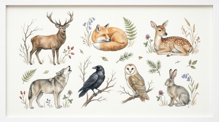 Obraz premium Watercolor Woodland Animal Collection with Deer, Fox, Wolf, Owl, Raven, and Rabbit on White Background