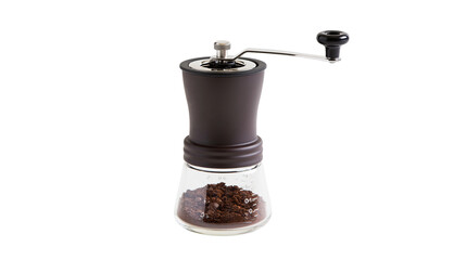 Manual coffee grinder with glass container and ground coffee beans inside © Asmud