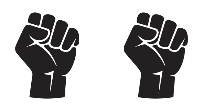Raised fists silhouette, power strength protest activism unity gesture, black hand icon symbol, solidarity concept, white background, vector illustration

