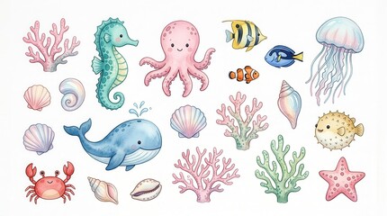 Obraz premium Cute Watercolor Sea Creatures Collection with Whale Octopus Seahorse and Corals on White Background