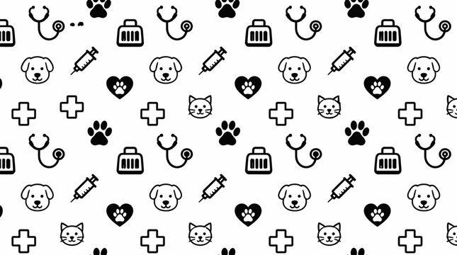 Veterinary medicine seamless pattern with black icons on white background