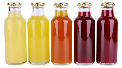 Five glass bottles filled with colorful fruit juices and metal crown caps © Asmud