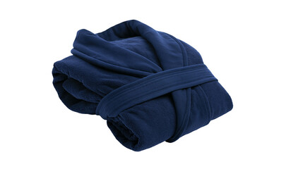 Folded navy blue plush fleece bathrobe with shawl collar and waist belt © Anouk