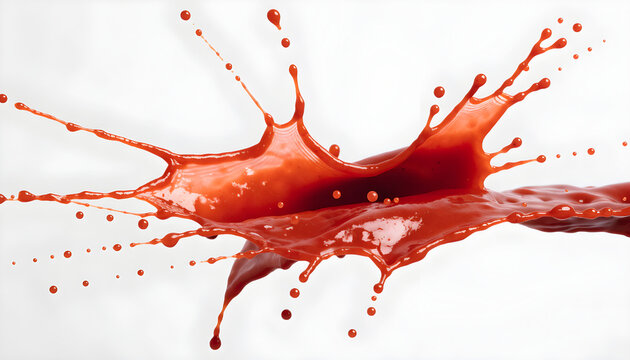 Vibrant red tomato sauce splash isolated on white background with dynamic motion droplets