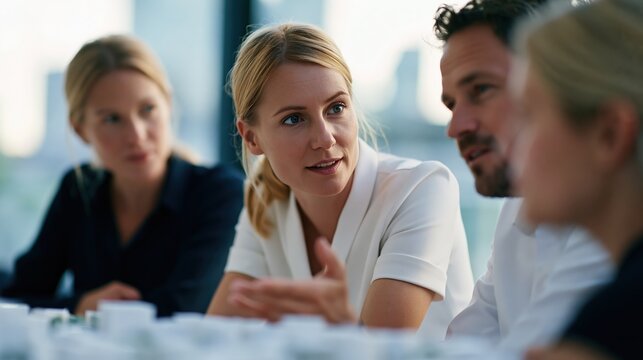 Commercial property consultant discussing urban district model with business clients