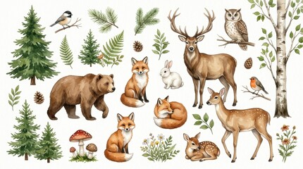 Obraz premium Watercolor Woodland Forest Animals and Plants Collection Set with Bear, Fox, Deer, Owl, and Pine Trees on White Background