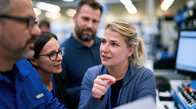 Cross - functional manufacturing team collaborating on process improvement at workstation