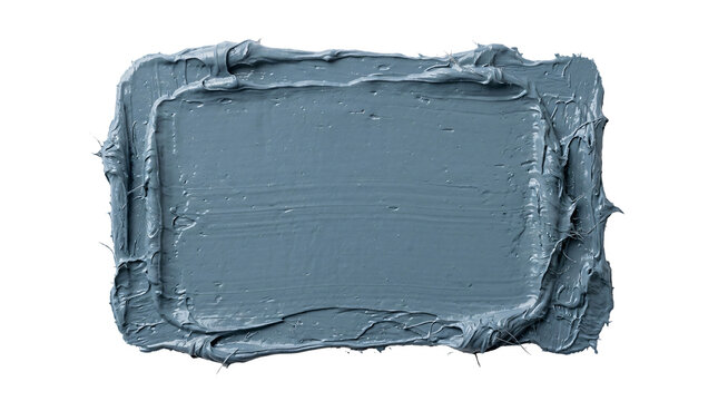 Thick grey clay mask smear textured rectangular frame with deep ridges and glossy surface finish isolated on transparent background