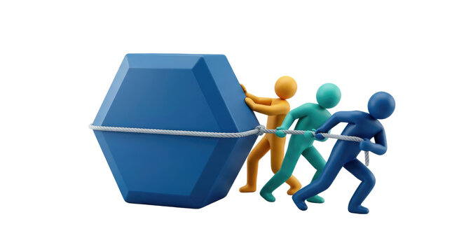 Three colorful stylized human figures working together as a team to pull a large blue hexagonal block using a silver metal link chain