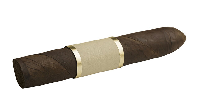 Premium dark brown tobacco cigar with a blank beige paper band and gold trim
