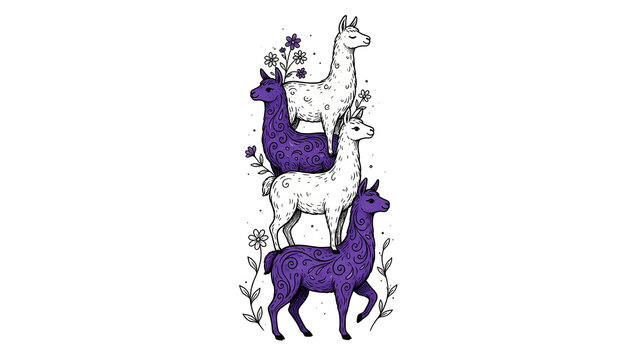 Charming vector illustration featuring cute alternating purple and white llamas and alpacas with floral floral elements in a vertical stacking composition against a clean white background