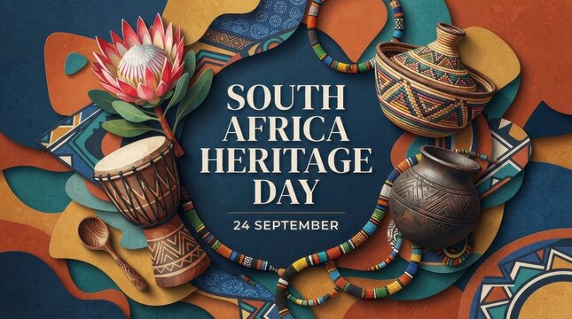 South Africa Heritage Day colorful celebration banner with cultural symbols
