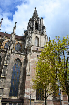 Ornate Sculpted Stone Statues above Main Entrance Portal of Ulm Minster in Ulm, Germany