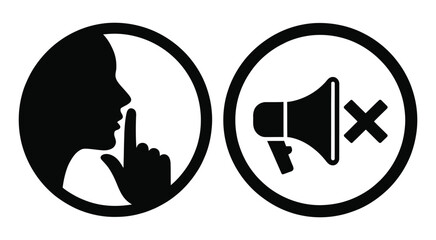 Fototapeta premium Quiet please and no sound icons, black silhouette symbols, mute and silence signs, sound restriction concept, white background, vector illustration
