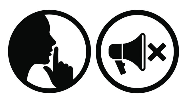 Quiet please and no sound icons, black silhouette symbols, mute and silence signs, sound restriction concept, white background, vector illustration

