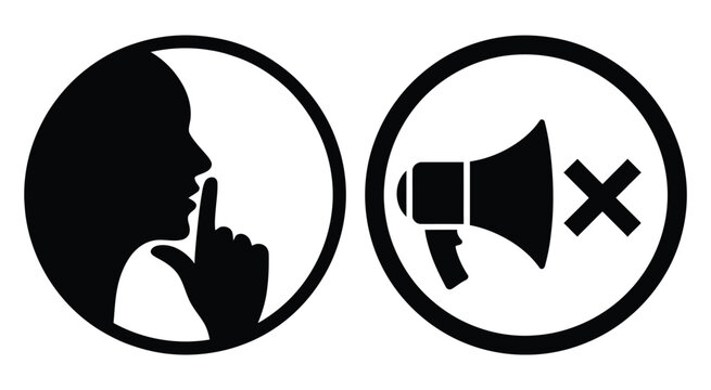 Quiet please and no sound icons, black silhouette symbols, mute and silence signs, sound restriction concept, white background, vector illustration

