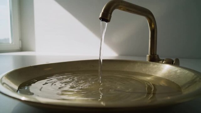 Pouring arched faucet sending steady stream into basin beneath window after lever turning, filling