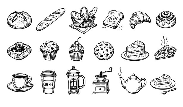 Hand drawn bakery and coffee doodle vector collection with bread pastries cakes cookies mugs and dessert illustrations