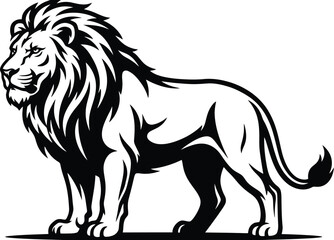 Majestic African Lion Standing Profile Black and White Vector Illustration for Wildlife Conservation, Sports Branding & Mascot Design (EPS) © Muhammad