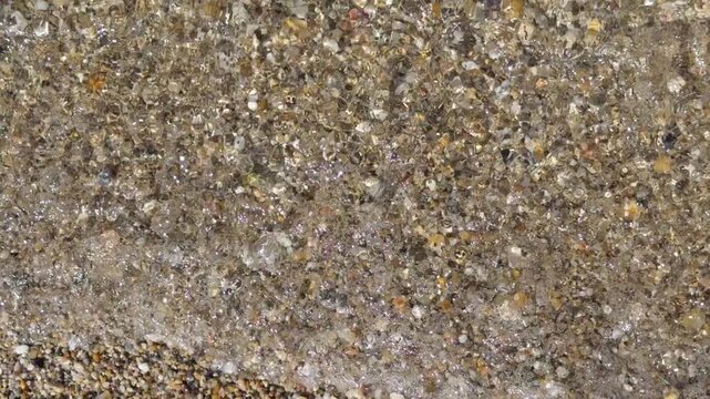 A close up macro shot reveals colorful small pebbles and sand grains covering a textured beach surface