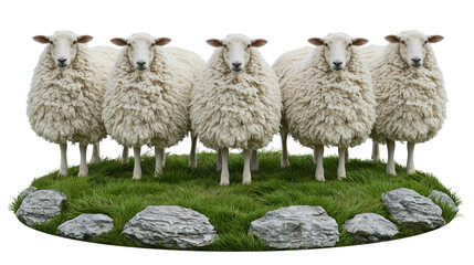 Five fluffy white sheep standing on a grassy patch with grey rocks © Tibor