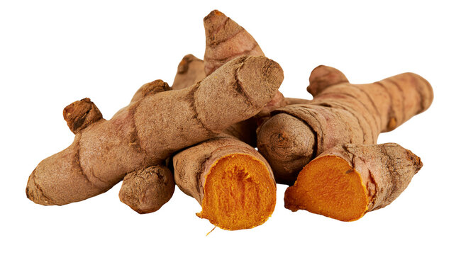 Fresh raw turmeric root rhizomes with bright orange cut cross section