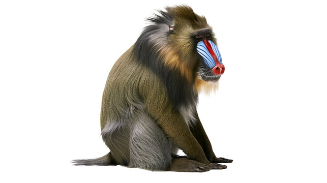 Mandrill monkey with colorful blue and red nose and textured brown fur