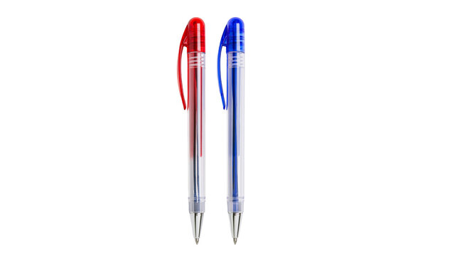 Red and blue retractable ballpoint pens with clear plastic barrels