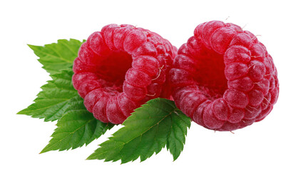 Two fresh ripe red raspberries with green leaves © Tibor