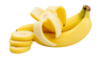 Fresh ripe yellow bananas with one peeled fruit and sliced banana pieces © Tibor