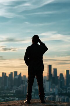 Engineer silhouette standing on high platform overlooking futuristic city skyline