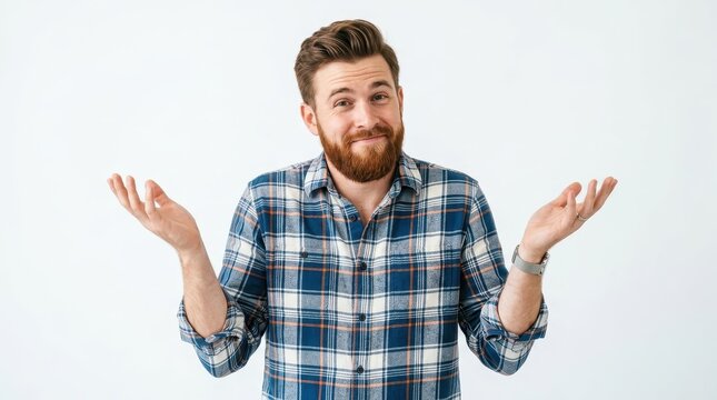 Confused Bearded Young Man Shrugging Shoulders and Looking at Camera Isolated on White Background