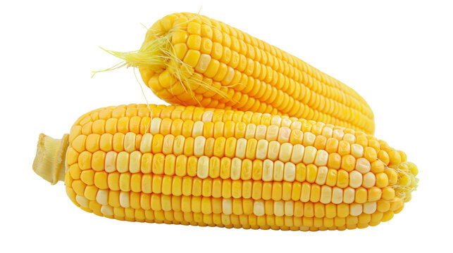 Two fresh raw yellow corn cobs with silk husks
