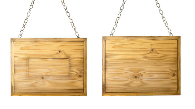 Two rectangular wooden signs with natural grain hanging from metal chains