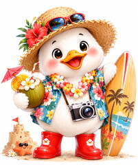 Naklejka premium Cute Little Duck Character Enjoying Summer Vacation on the Beach