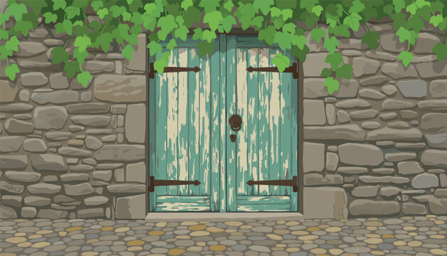 Rustic double doors painted in distressed turquoise wood stand within an old masonry stone wall covered by creeping green ivy foliage in a stone courtyard setting.