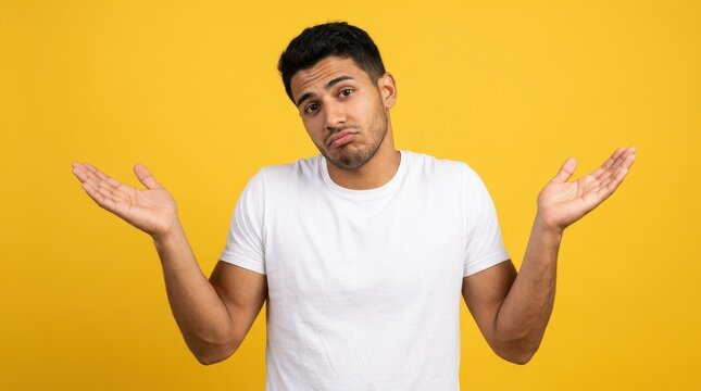 Confused Young Man Shrugging Shoulders and Showing Palms with Uncertain Expression on Yellow Background
