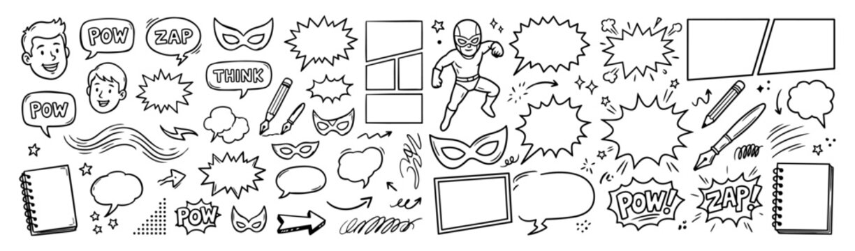 Hand drawn doodle vector collection of Comic Drawing featuring comic characters, speech bubbles, action bursts, panels, sound effects, motion lines and sketchbook elements isolated on white background