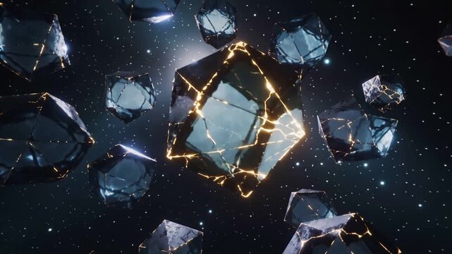 Rotating central cracked crystal revealing golden fissures in space, sweeping light causing pulses